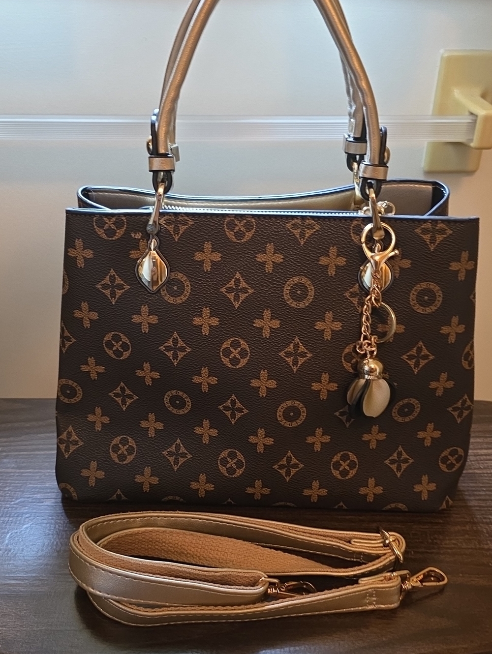 Brown Monogram Satchel Handbag with Gold Accents - Picture 2 of 16